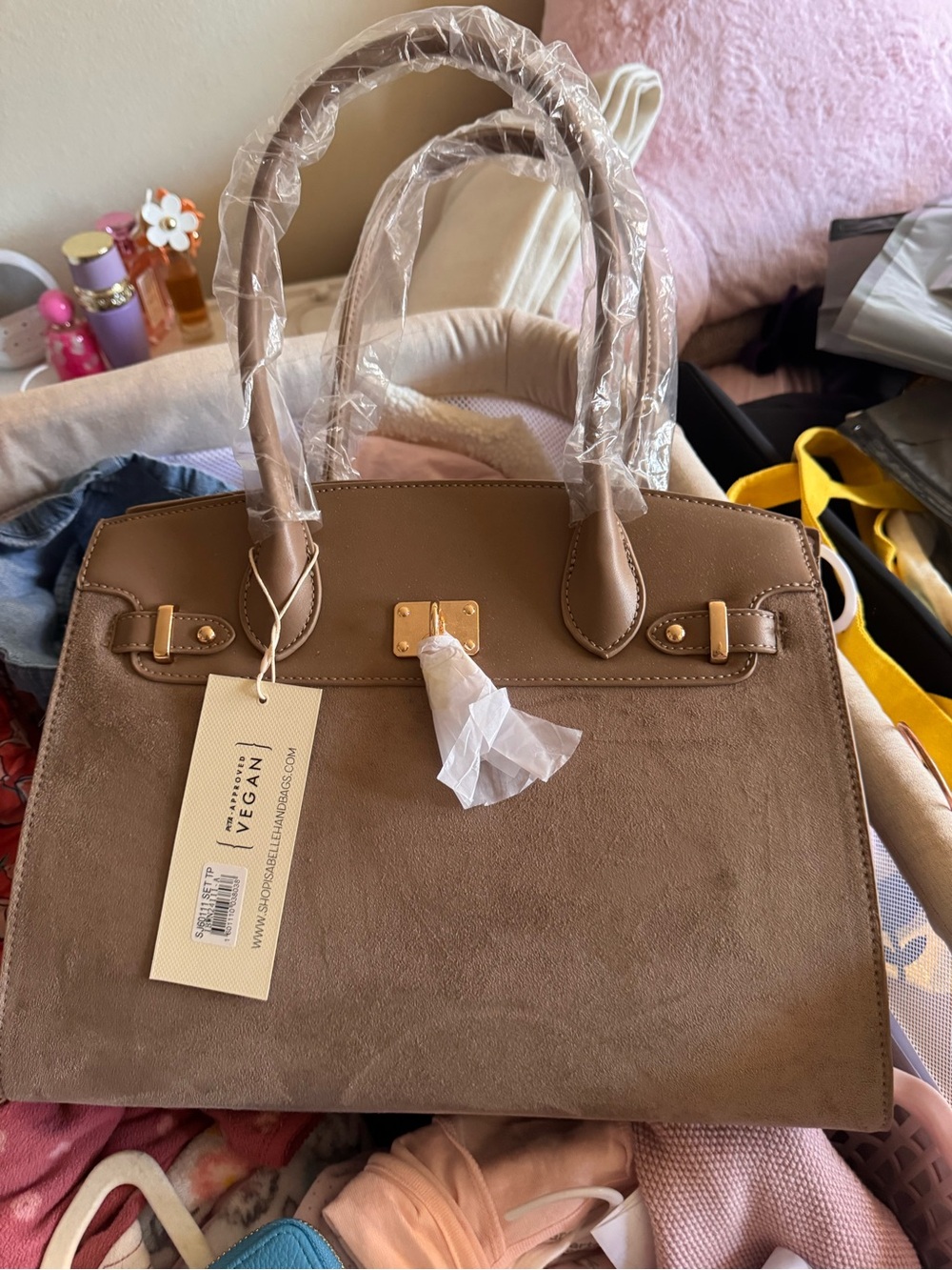 Vegan Suede Satchel Handbag in Taupe with Gold Hardware